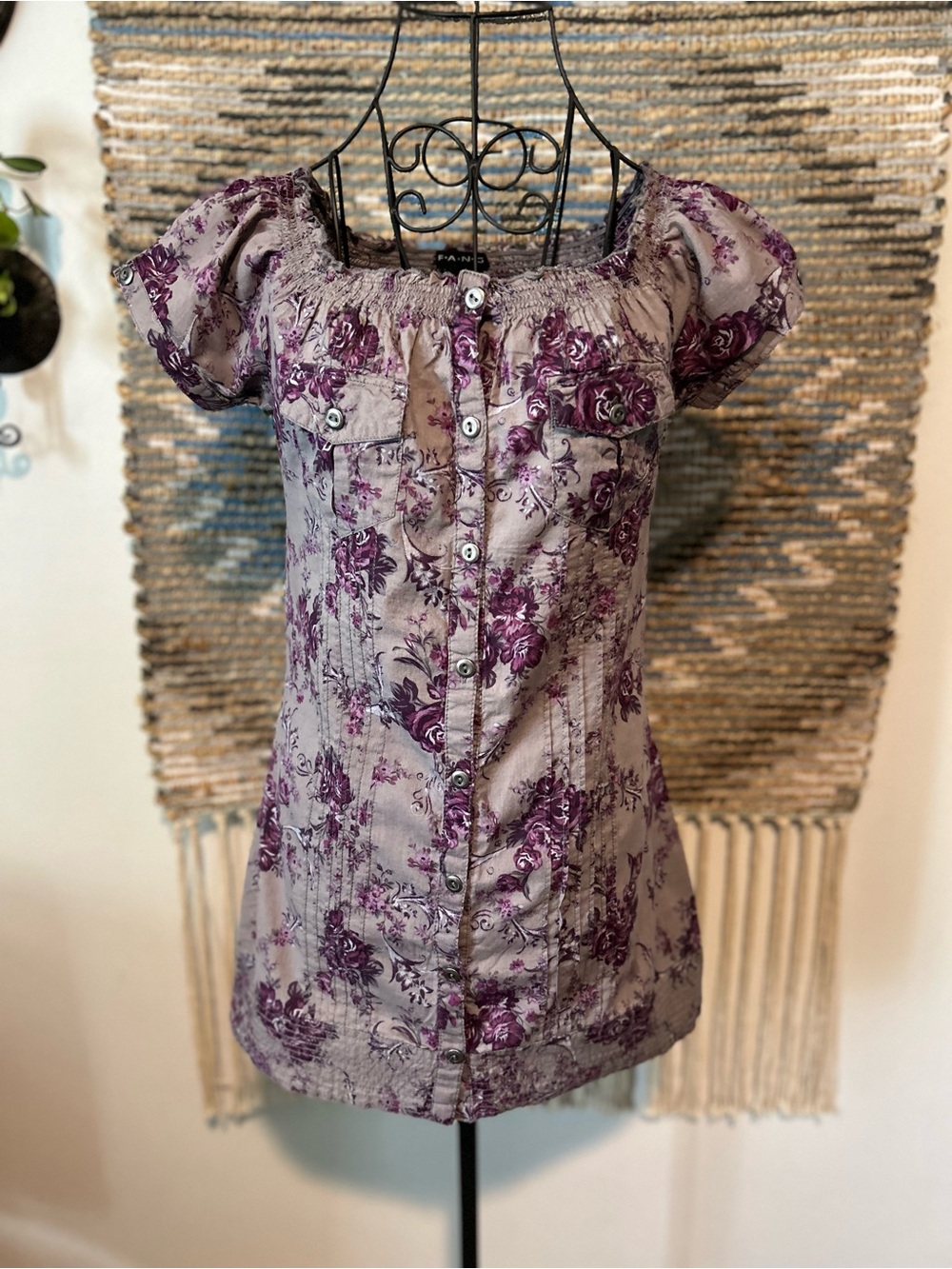 Fang Lavender and Purple Floral Button-Front Peasant Top